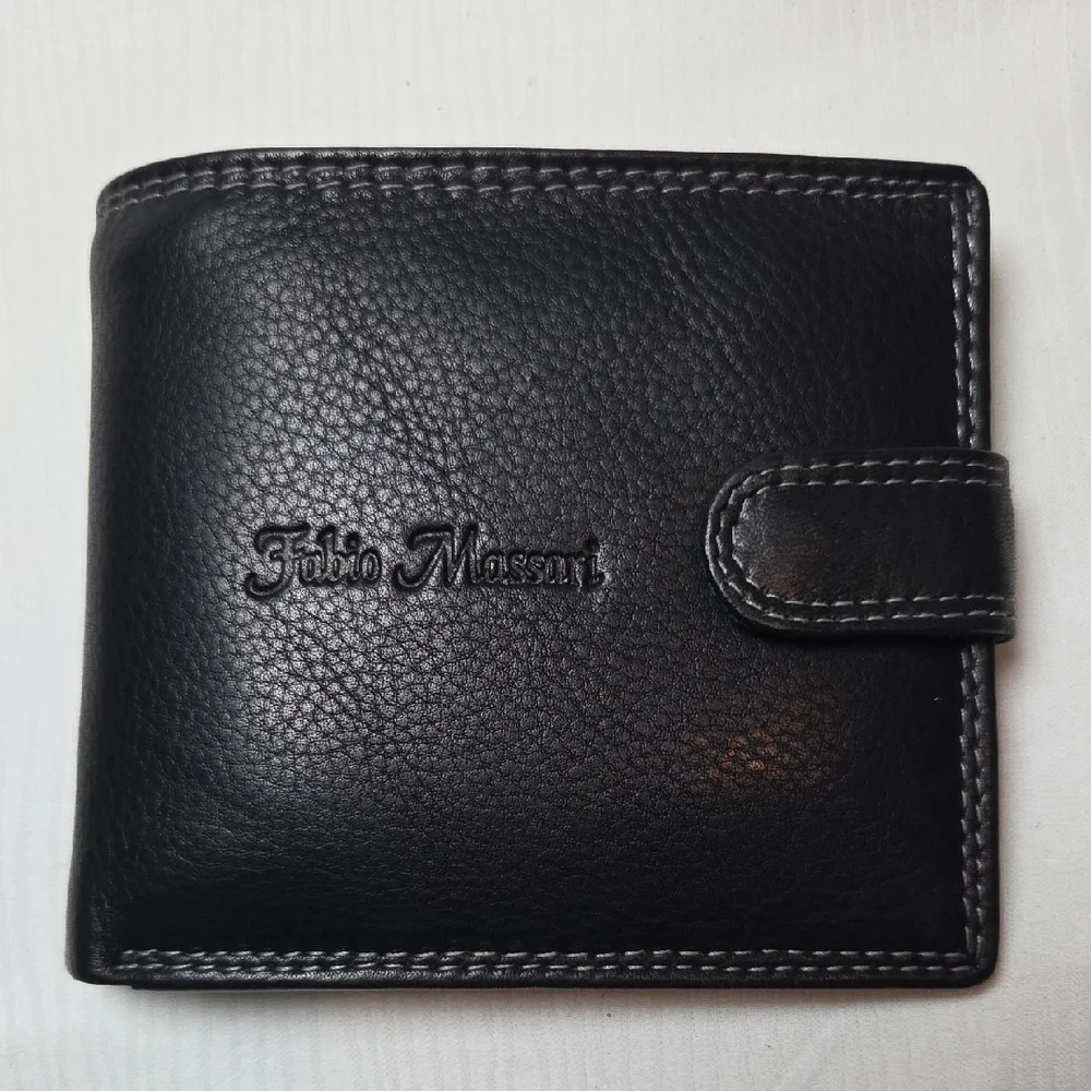 Fabio Massari Black Leather Men's Wallet with Snap Closure,(New Without Box).